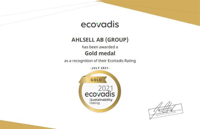 Ahlsellin kestävän kehityksen työ palkittiin EcoVadisin kultamitalilla